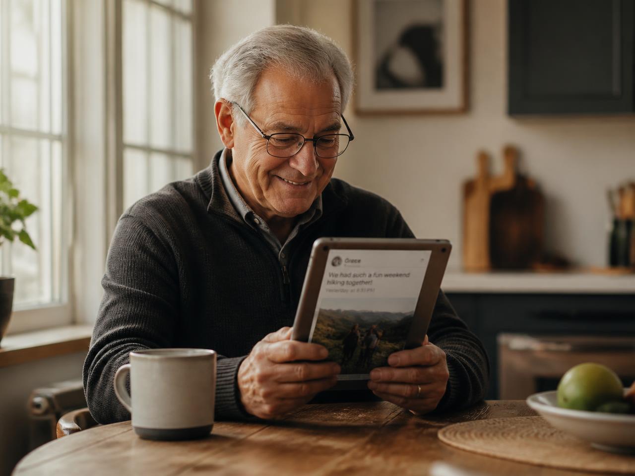 A grandfather at his kitchen table reading family updates on BridgeParent on a tablet