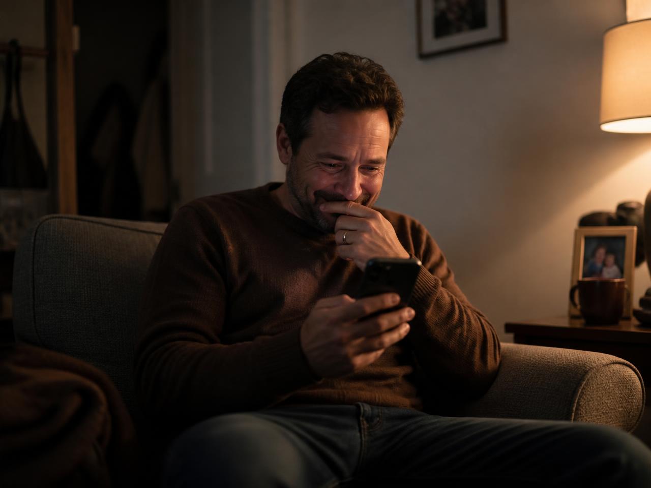 A father in his apartment reading a journal entry his daughter posted in BridgeParent