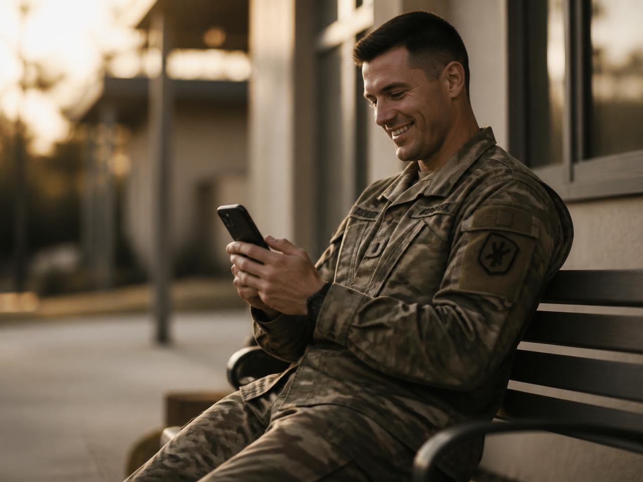 A father in military uniform smiling while reading BridgeParent updates on his phone during a break