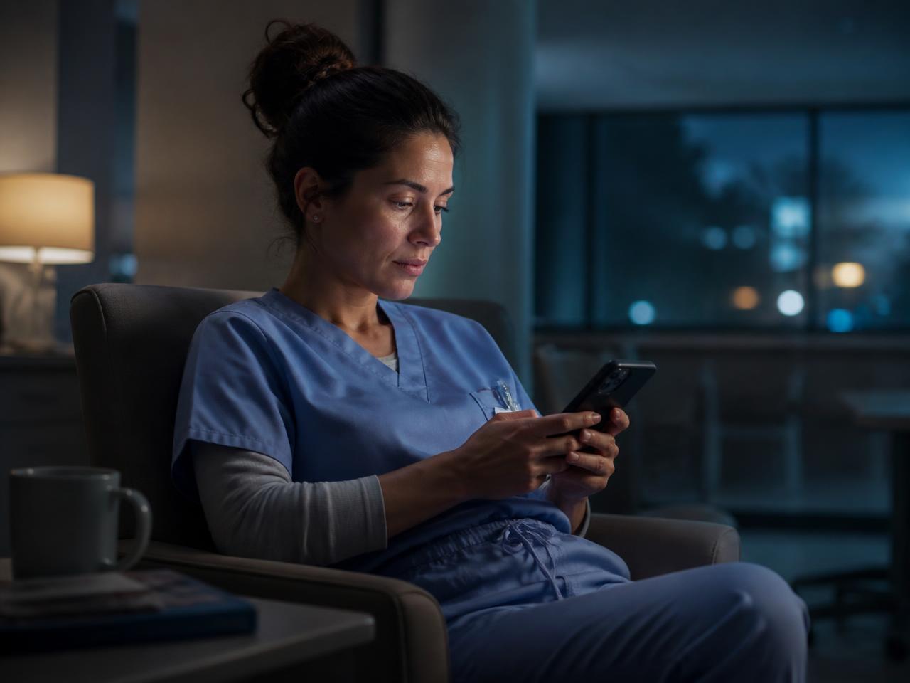 A mother in scrubs on a late shift scheduling a Time Capsule message for her son