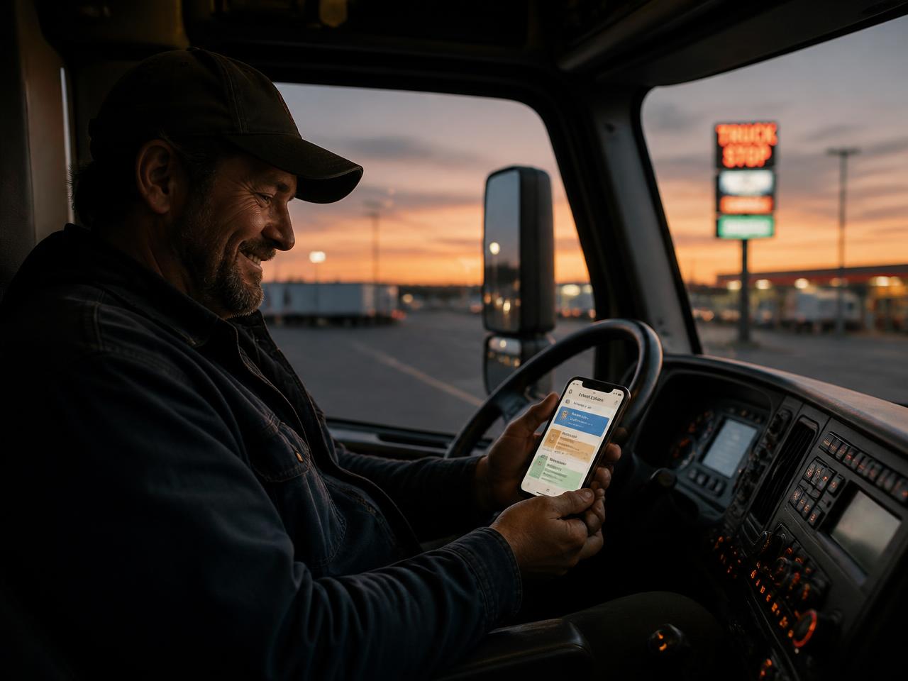 A truck driver parked at a truck stop reading grades and calendar updates on BridgeParent